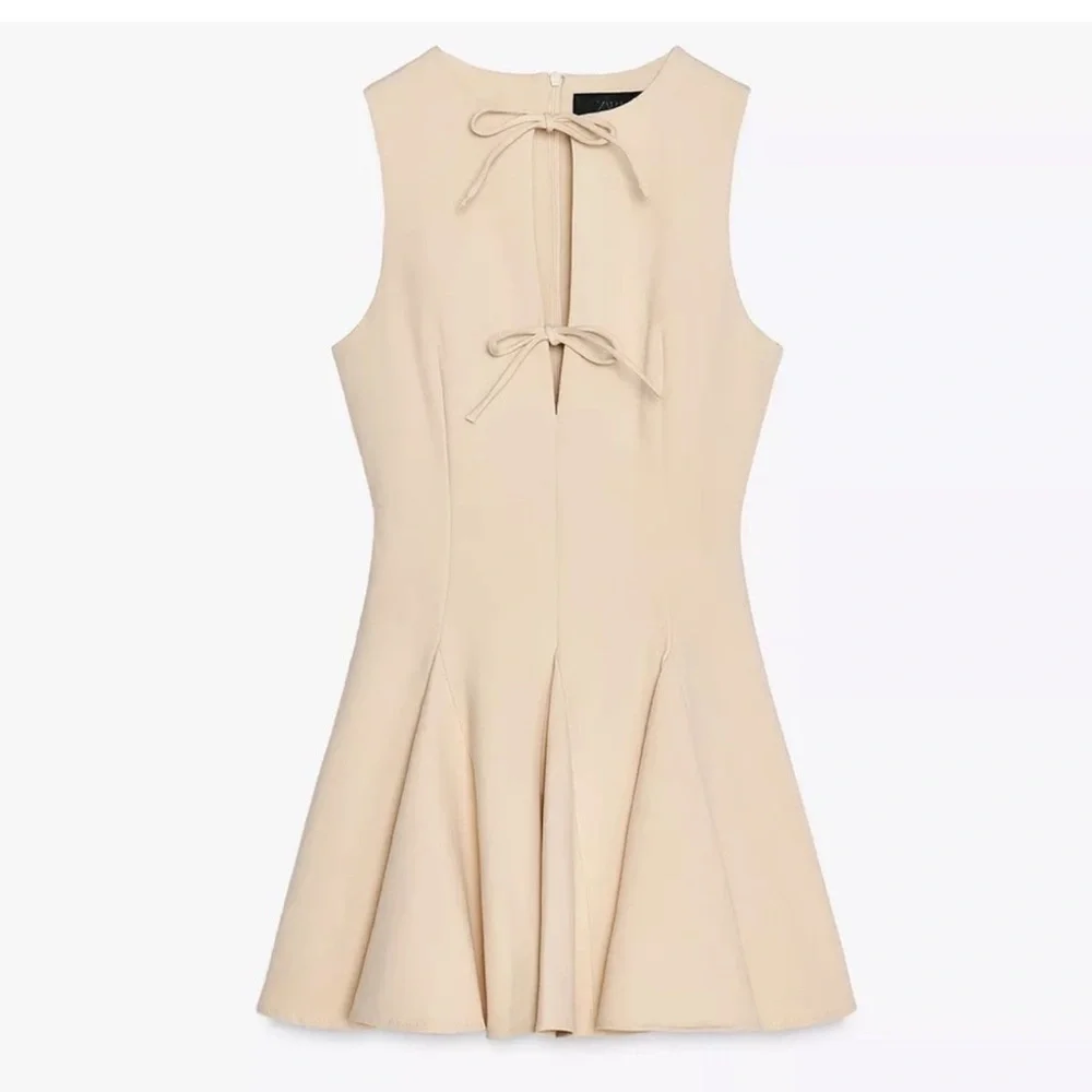 Zara Beige Mini Godet Fit & Flare Dress w/ Front Bow Detail, Sleeveless Sz M NWT - Picture 2 of 8